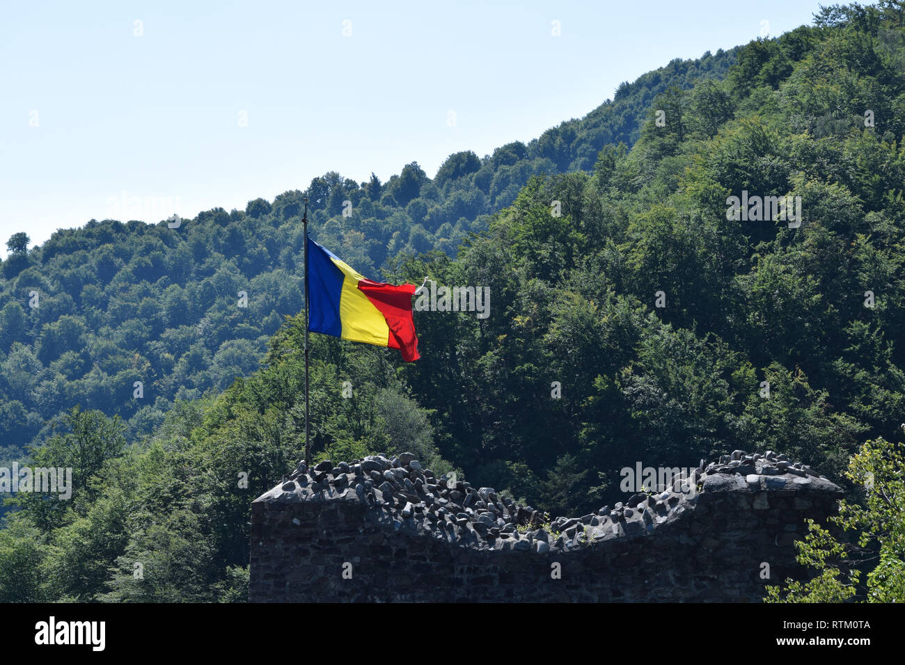 Rumänische Flagge im Wind in der Ruine von Poenari Schloss. Rumänien Landesflagge. Stockfoto