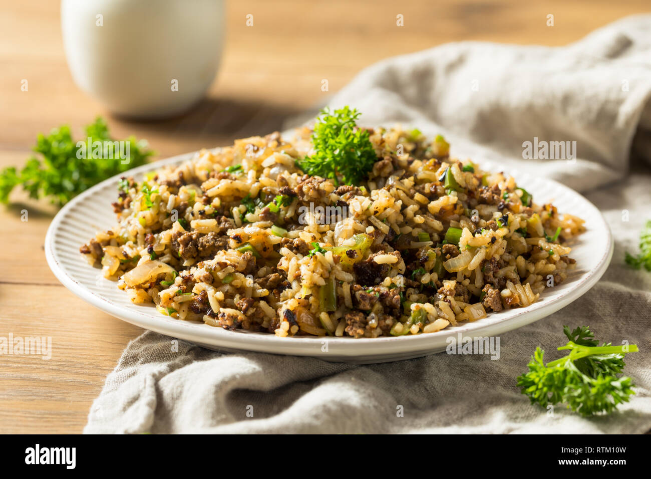 Gekochte Cajun schmutzige Reis mit Schweinefleisch Stockfoto
