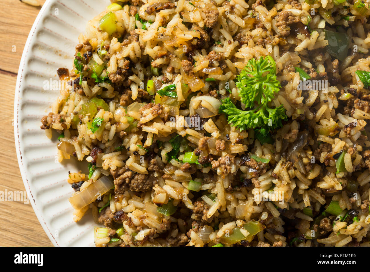 Gekochte Cajun schmutzige Reis mit Schweinefleisch Stockfoto