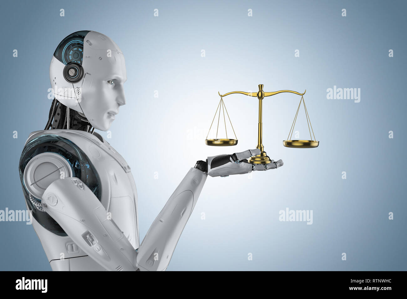 Domainrecht Konzept mit 3D-rendering Roboterhand und goldene Gesetz Skala Stockfoto