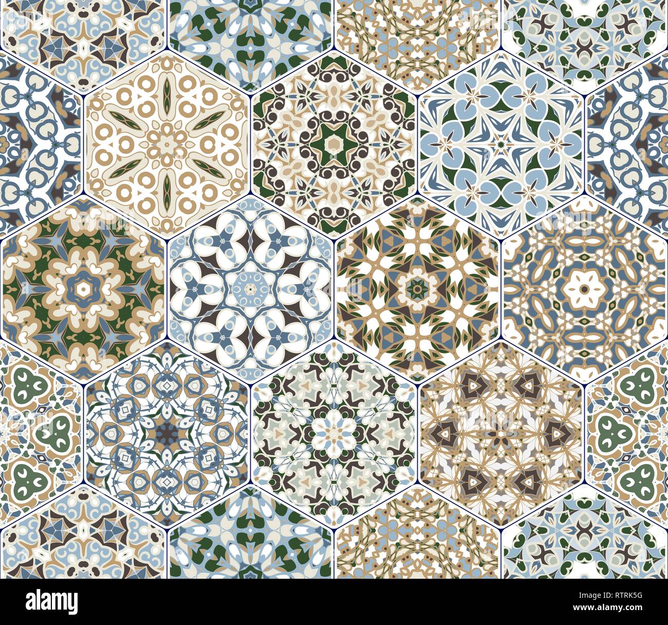 Der Vektor nahtlose arabisch Muster. Sammlung von Sechseckigen keramische Fliesen in den Farben Blau und Braun. Dekorative und Gestaltungselemente für die Textil- und Stock Vektor Der Vektor nahtlose arabisch Muster. Sammlung von Sechseckigen keramische Fliesen in den Farben Blau und Braun. Dekorative und Gestaltungselemente für die Textil- und Stock Vektor