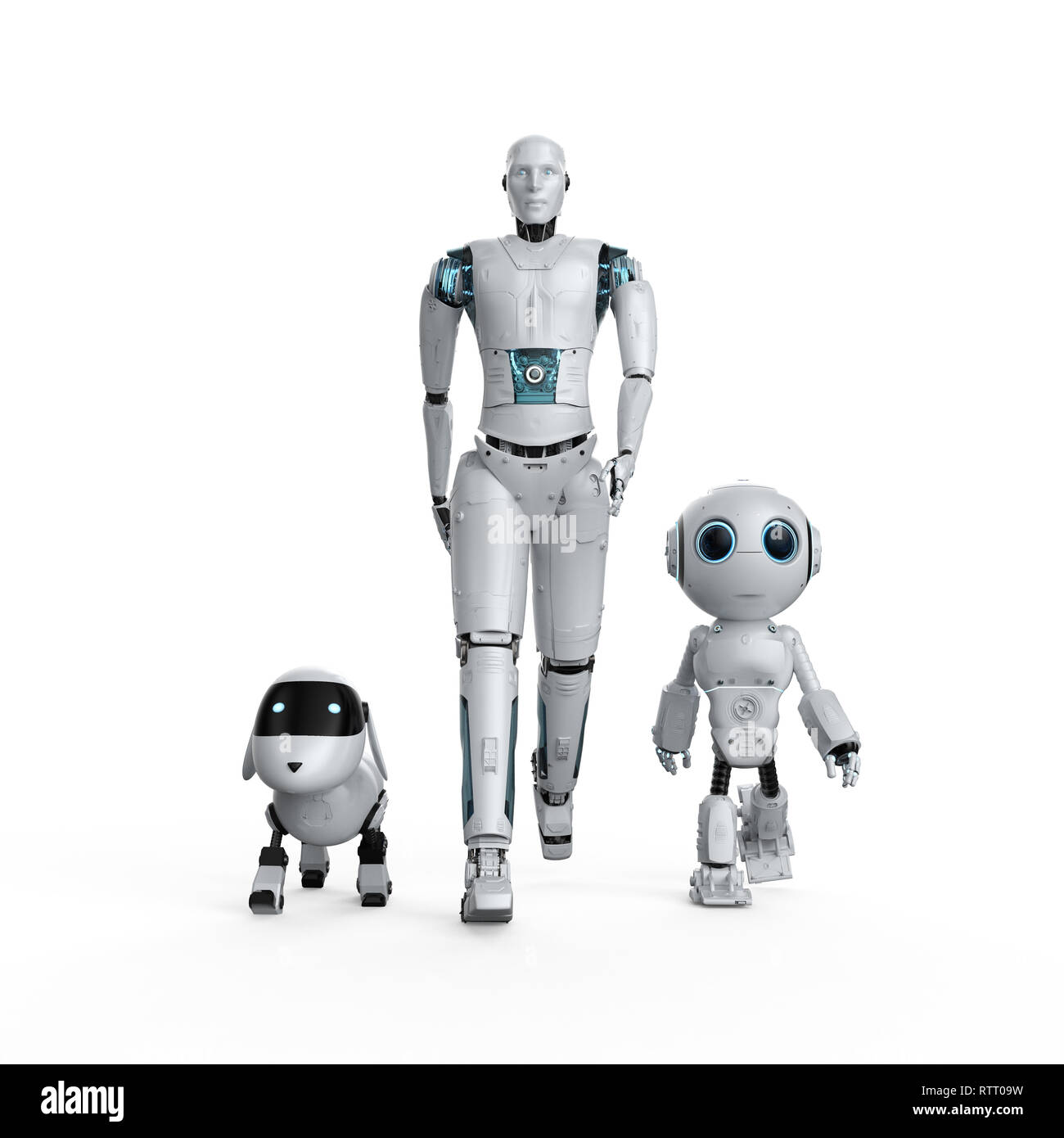 3D-Rendering Group der Automatisierung Roboter auf weißem Hintergrund Stockfoto