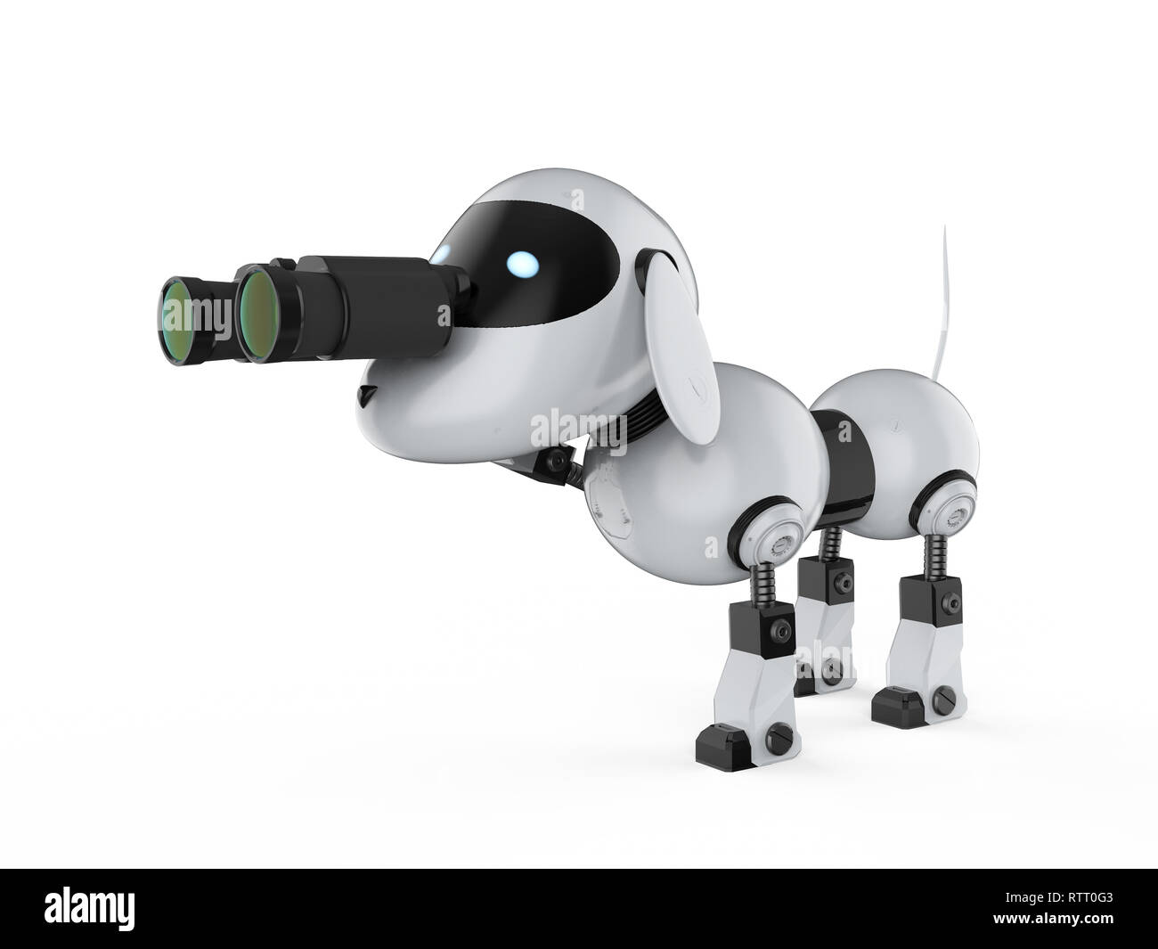 3D-rendering Hund Roboter mit dem Fernglas auf weißem Hintergrund ...