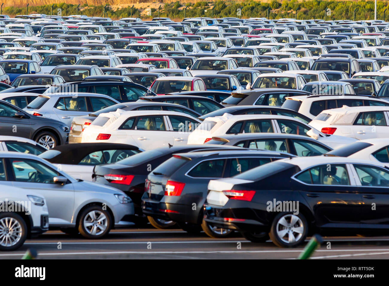 Viele neue Autos für den Verkauf in einem Parkplatz Stockfoto