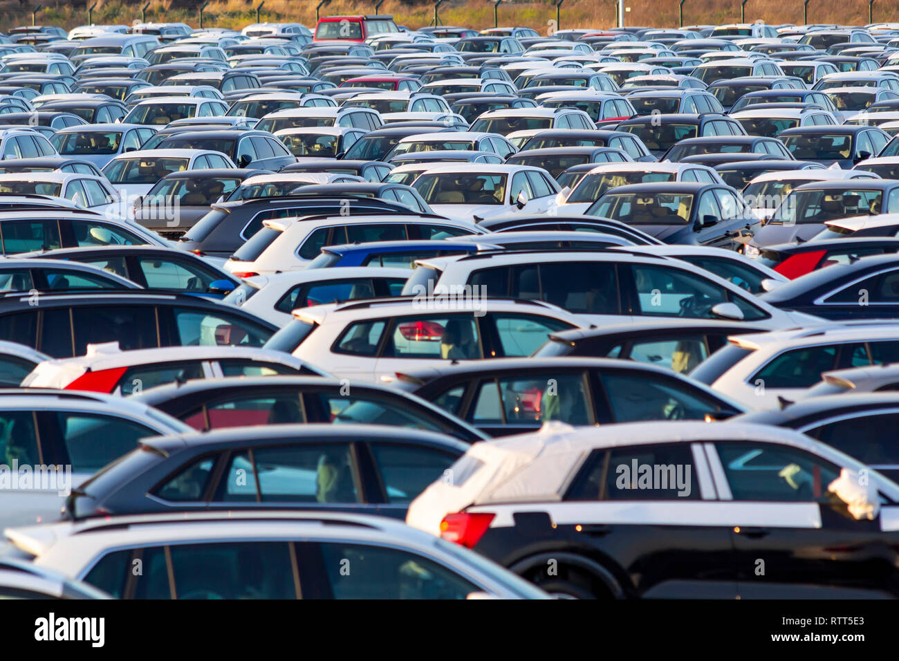 Viele neue Autos für den Verkauf in einem Parkplatz Stockfoto