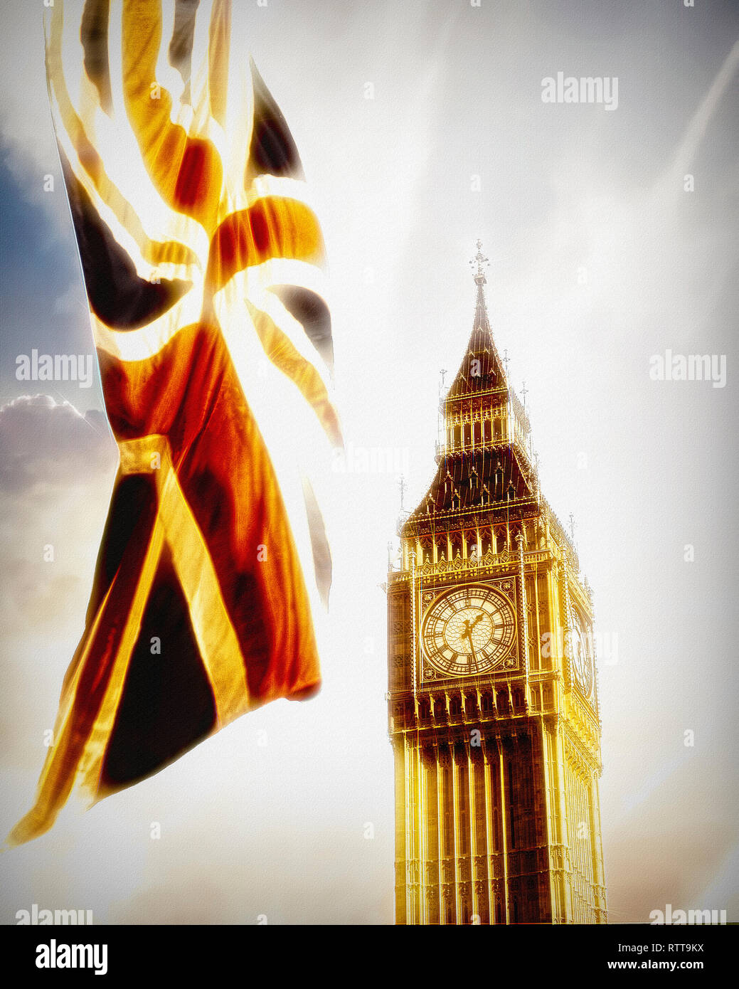 Bildende Kunst: London (Big Ben & Union Jack Flagge) Stockfoto