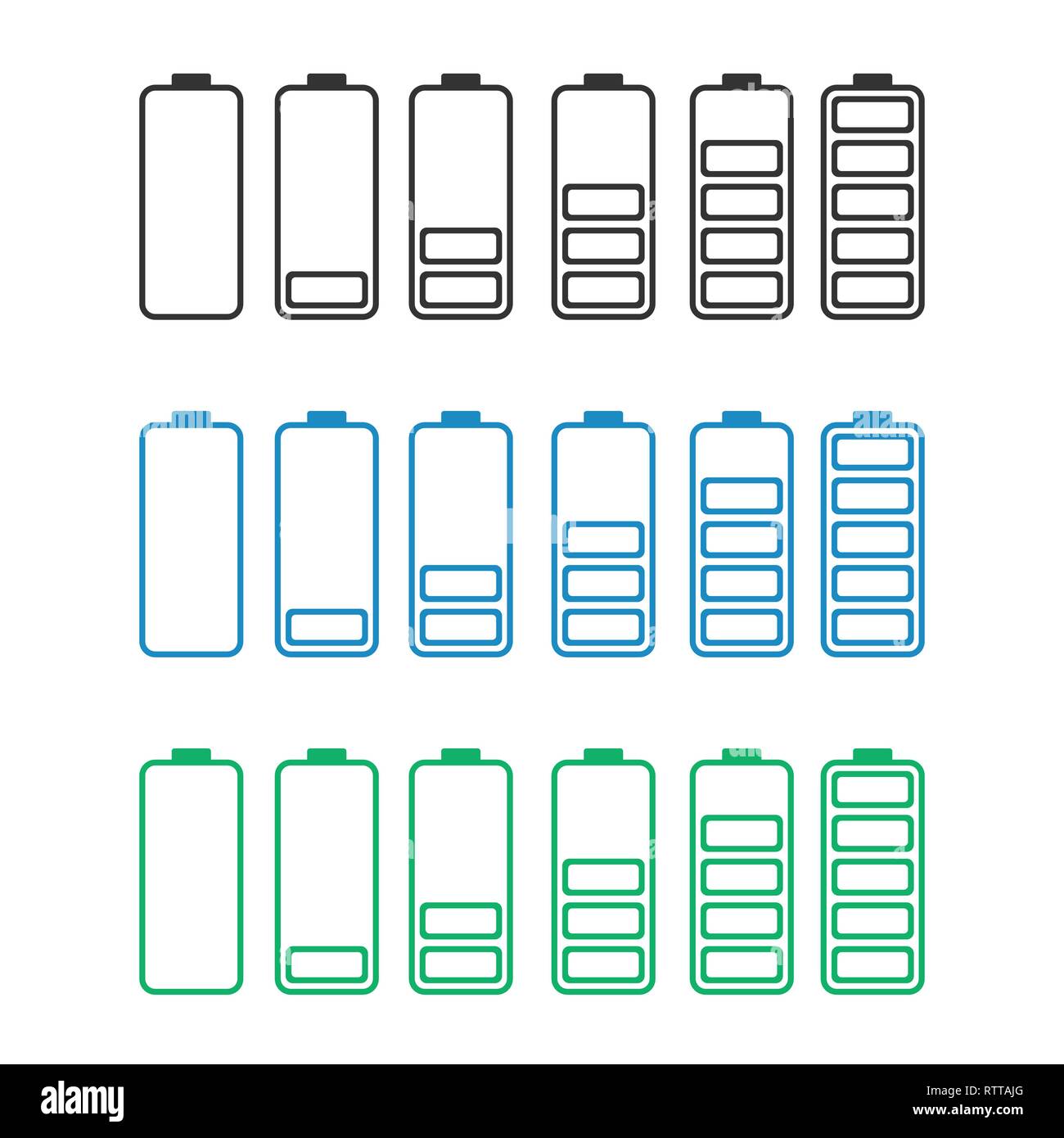 Mit voll aufgeladenen Akkus in verschiedenen Farben entladen, isolierte Vector Icons Stock Vektor