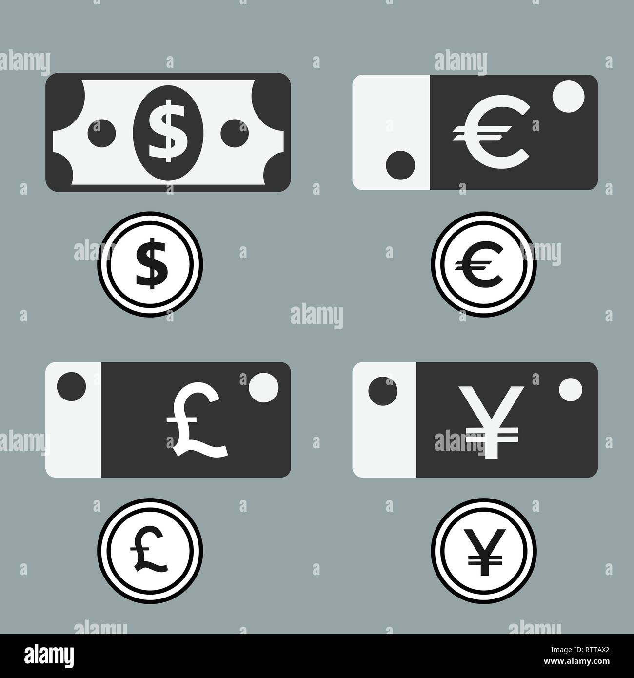 Dollar, Euro, Pfund und Yuan Währung Symbole. Papier und Metall in USD, EUR, GBP und CNY Geld Zeichen Symbole. Flache Symbol Zeiger. Stock Vektor