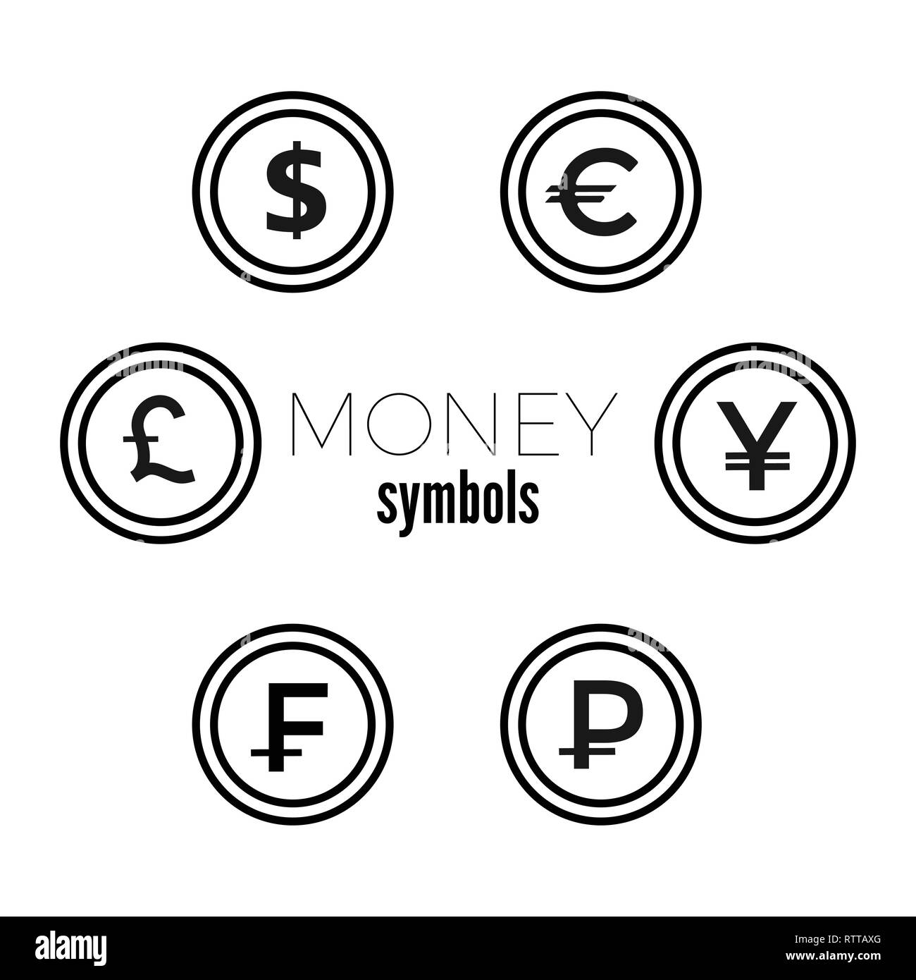 Dollar, Euro, Pfund, Yuan Rubel und Frank Währung Symbole. In USD, EUR, GBP, CNY, CHF, RUB Geld Zeichen Symbole. Flache Symbol Zeiger. Stock Vektor