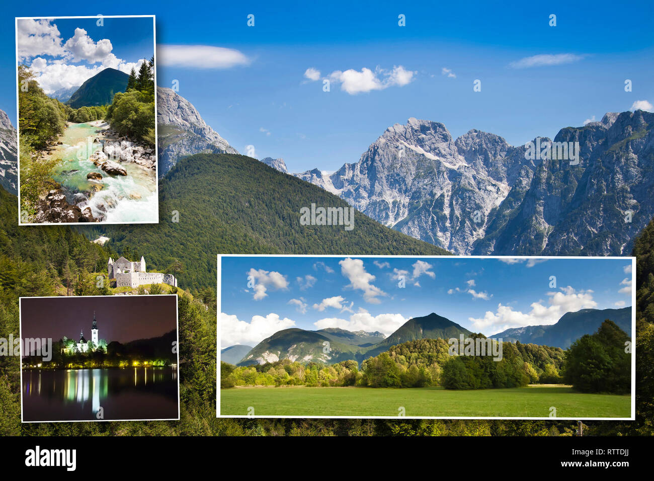 Die Julischen Alpen in Slowenien sind ein Gebirgszug der südlichen Kalkalpen. Auf der linken Seite oben: Fluss Soca, links unten: Bled See und Kirche Insel Stockfoto
