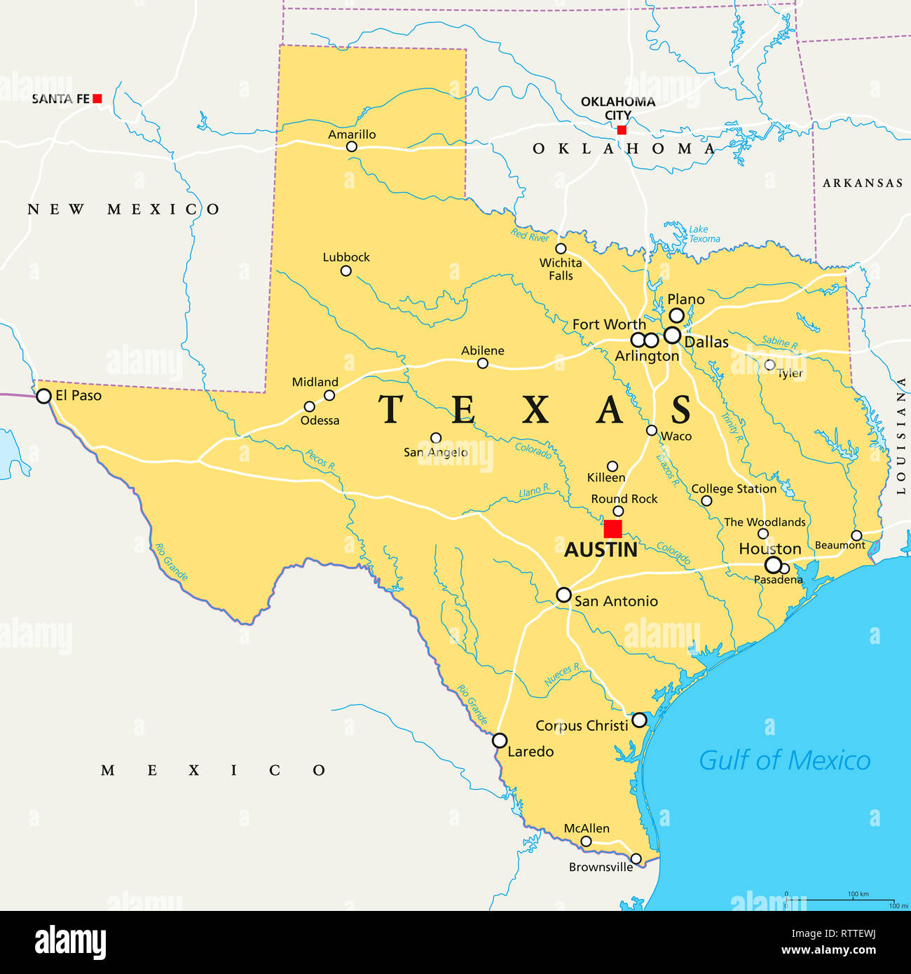 Texas, politische Karte, mit Hauptstadt Austin, Grenzen, wichtige Städte, Flüsse und Seen. Zustand in der South Central Region der Vereinigten Staaten. Stockfoto