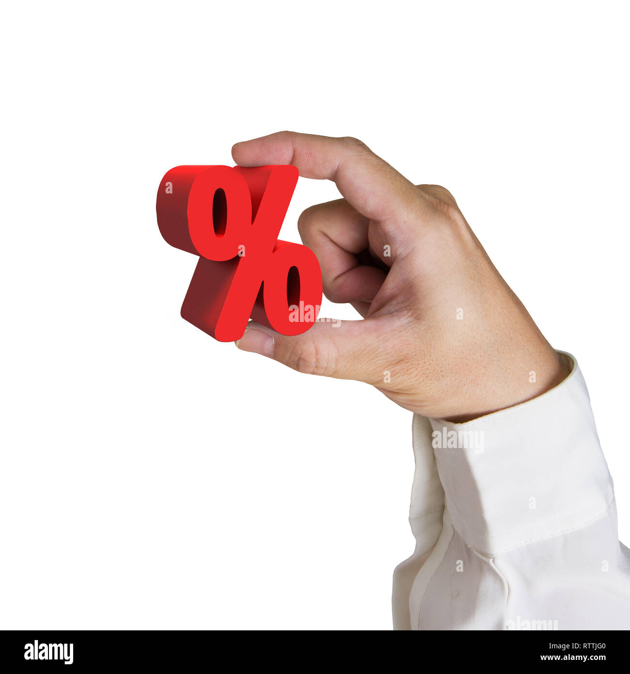 Hand, 3D Rot Prozentzeichen auf weißem Hintergrund Stockfoto