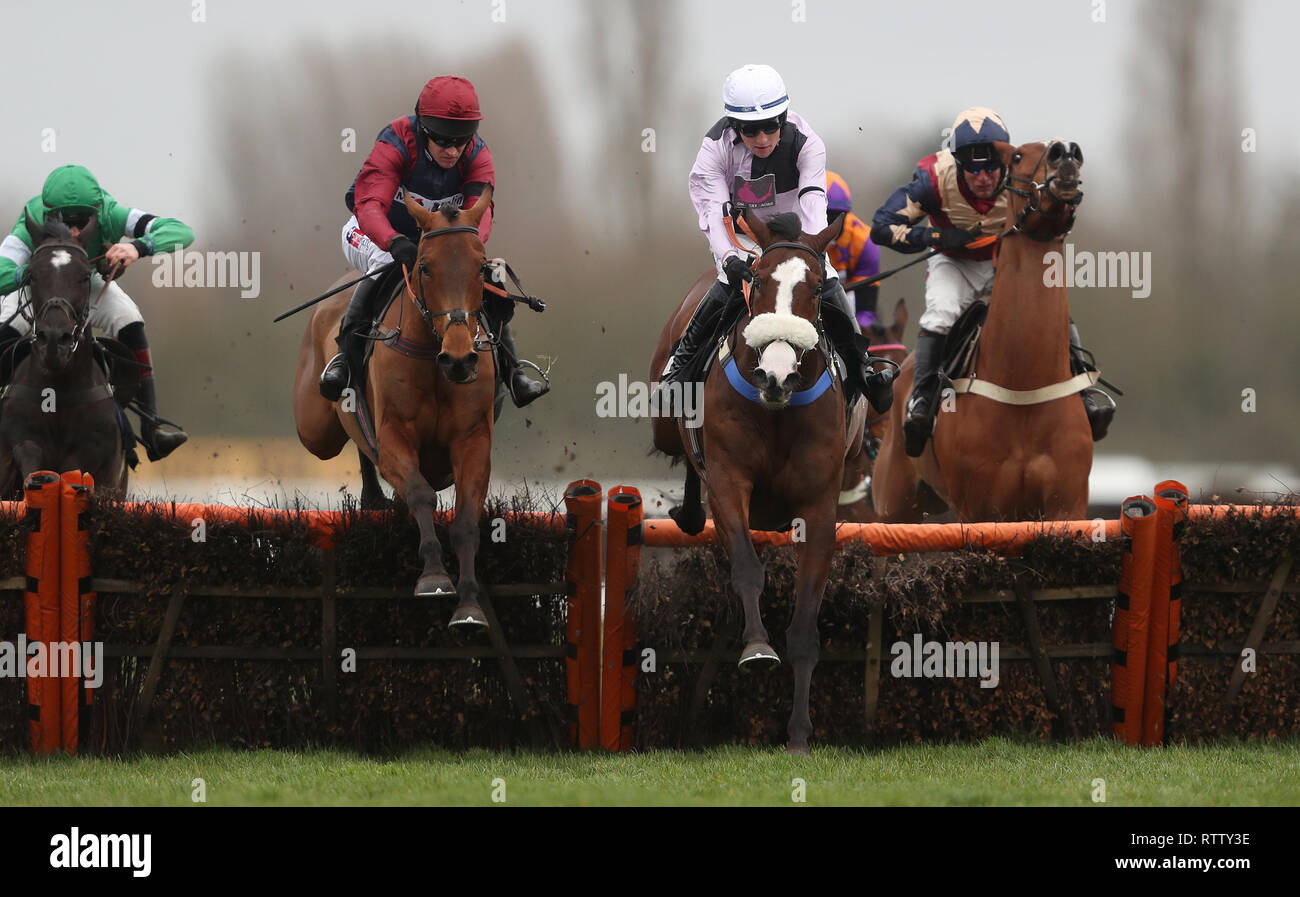 Crooks Peak geritten von Barry Geraghty (links) springt die letzte mit Equus Amadeus geritten von Stan Sheppard auf dem Weg zum Sieg in der im Gedächtnis der späten Michael Yeadon Handicap Hürde bei Newbury Racecourse. Stockfoto