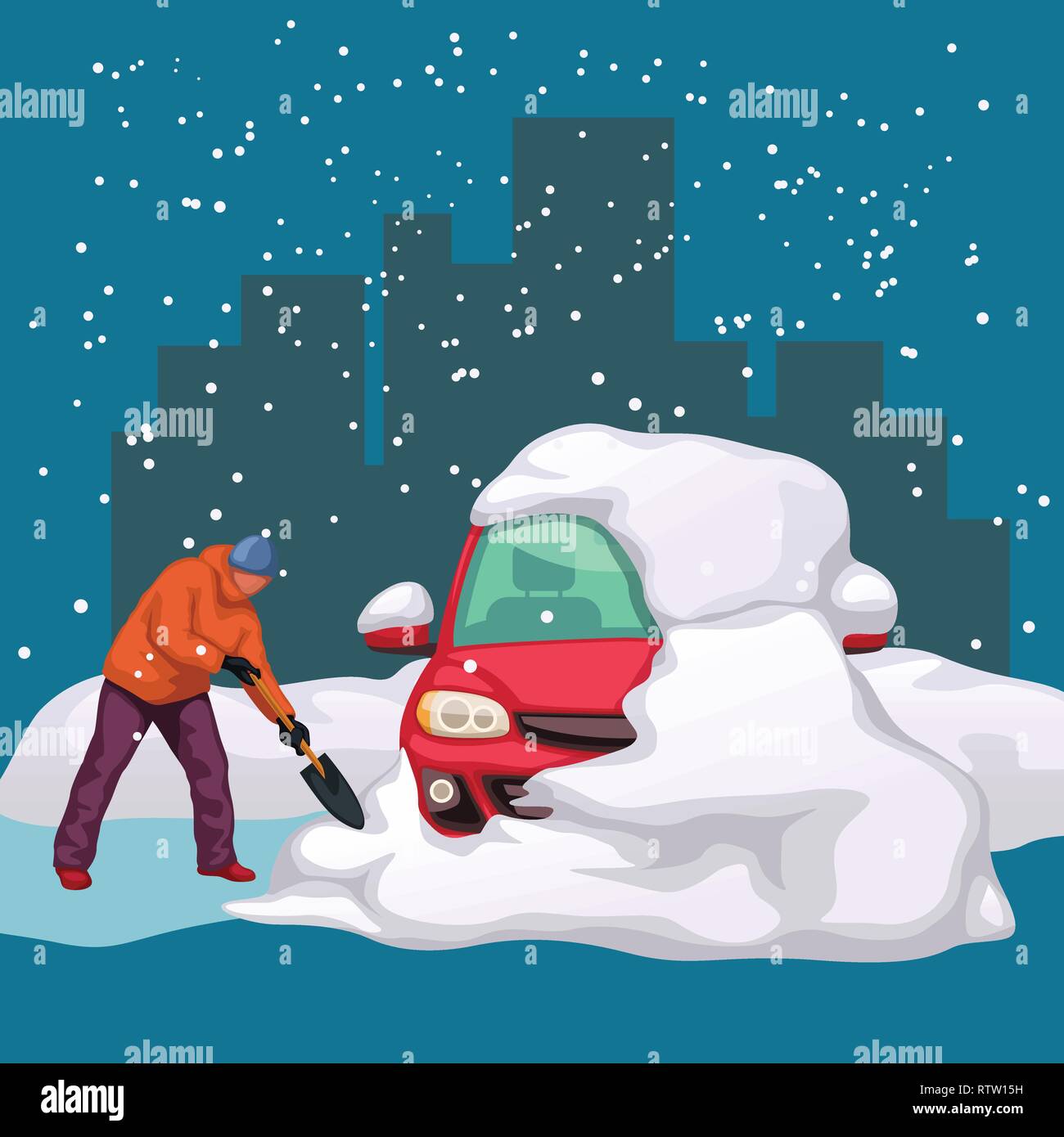 junger Mann mit Schaufel reinigt das Auto vom Schnee. Schneeräumung bei  starkem Schneefall. flache Abbildung. 4492916 Vektor Kunst bei Vecteezy
