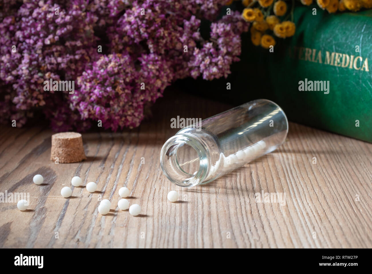 Eine Flasche homöopathische Globuli mit getrockneten Kräutern und einem Materia medica, d. h. eine Liste der Abhilfemaßnahmen und ihren therapeutischen Eigenschaften Stockfoto