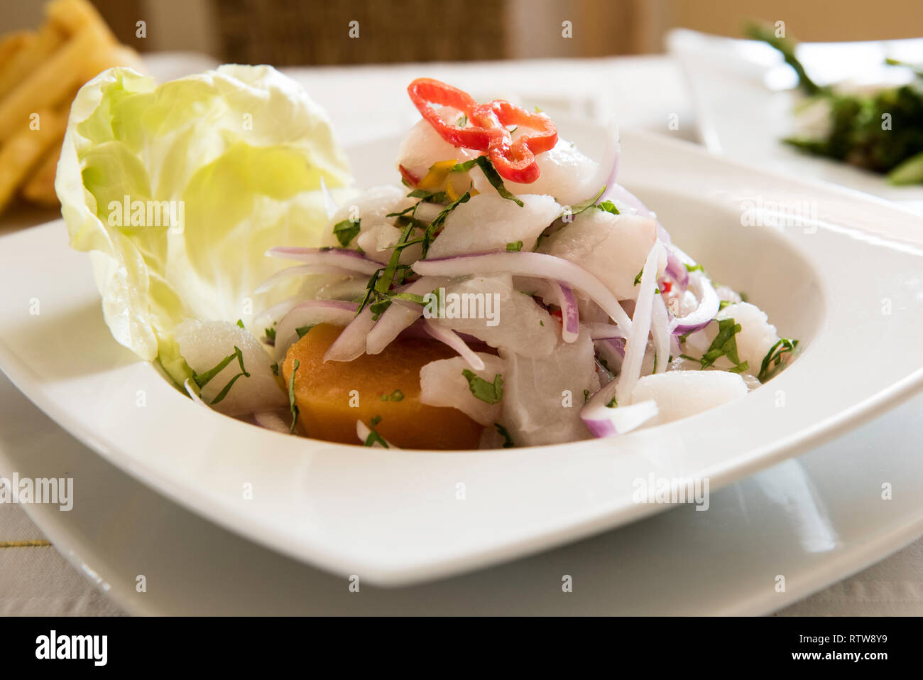 Fisch Ceviche, die peruanische Küche. Typisches Gericht der peruanischen Küche. Stockfoto