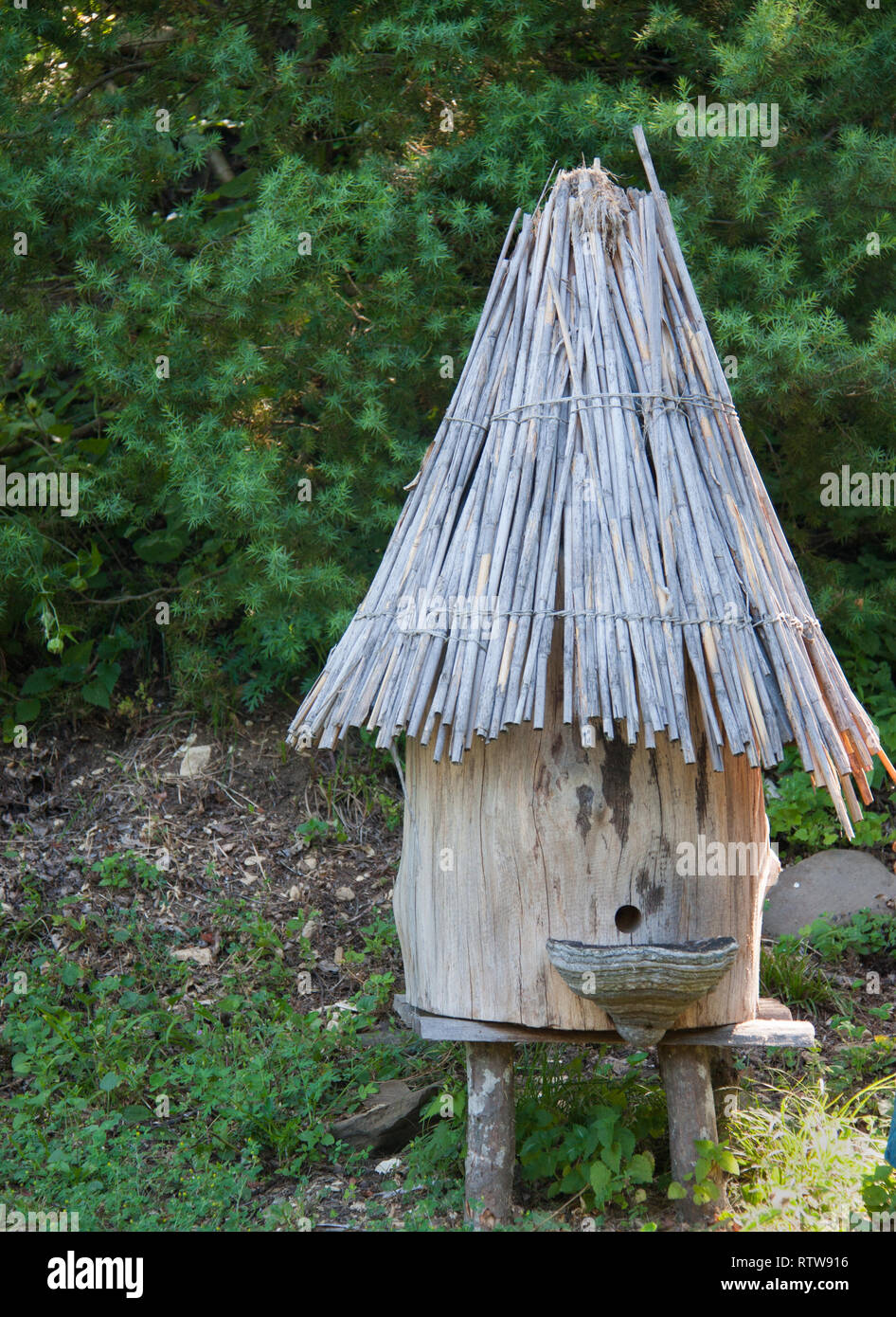 Zylindrische Holz- Bienenstock mit Strohdach im alten Stil Stockfoto