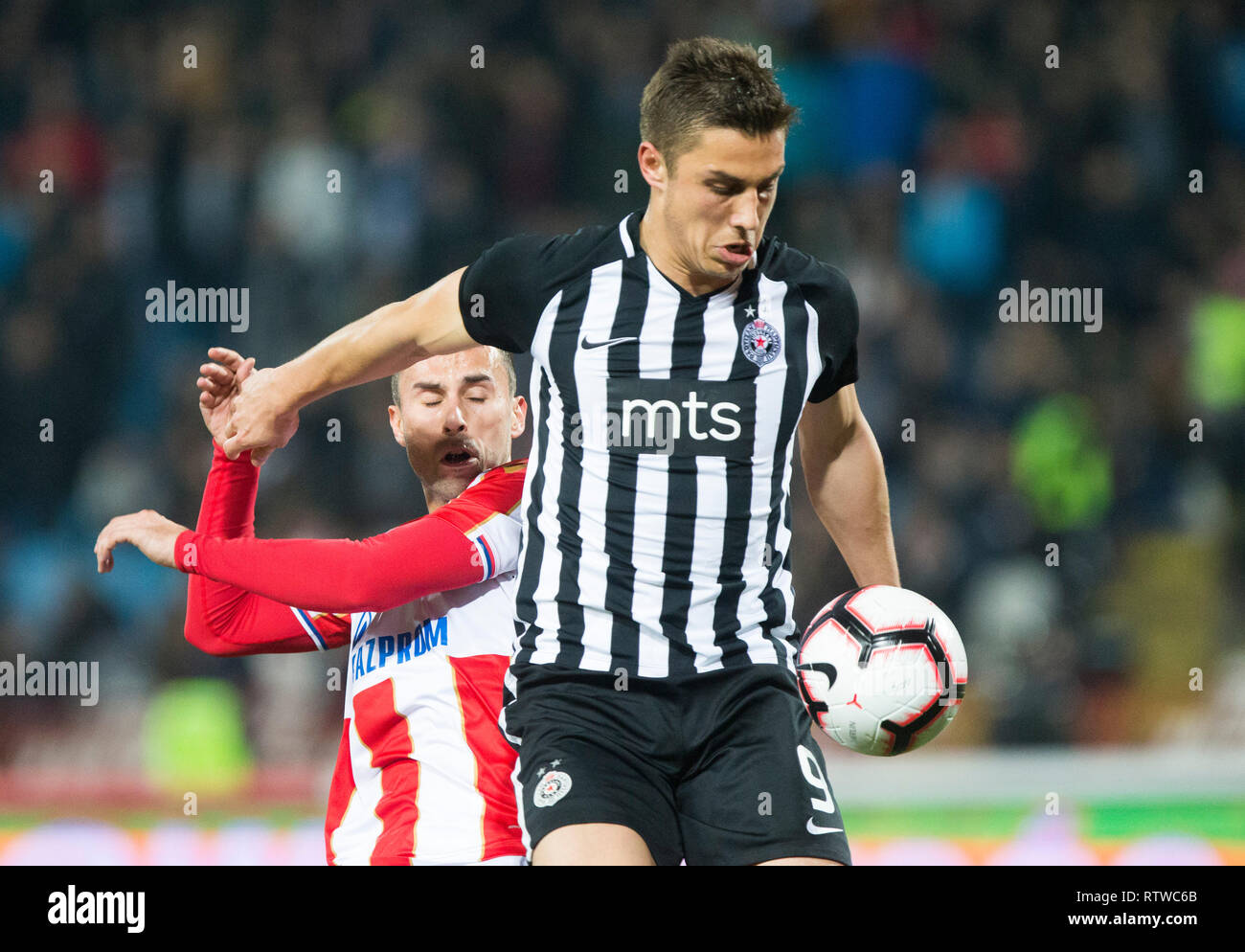 Rajko Mitic Stadion, Belgrad, Serbien. 2 Mär, 2019. Serbische Superliga Fußball, Roter Stern Belgrad gegen Partizan Belgrad; Milan Gajic von Roter Stern Belgrad gehalten von Nemanja Nikolic von Partizan Belgrad Credit: Aktion plus Sport/Alamy leben Nachrichten Stockfoto