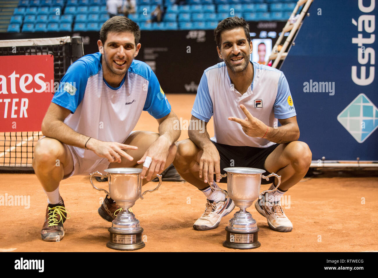 SÃO PAULO, SP - 02.03.2019: BRASIL OPEN 2019 ATP 250 - Brasilien Open ATP 250 - Ibirapuera Gymnasium. Argentinier Maximo Gonzalez und Federico DELBONIS Niederlage Luke Bambridge und Jonny OMARA und verdoppelt Champions zu werden. São Paulo, 2. März 2019. (Foto: Van Campos/Fotoarena) Stockfoto