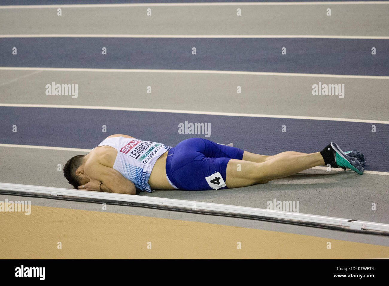 Glasgow, UK. 02 Mär, 2019. Glasgow, Schottland - 2. März: Learmonth Kerl der GBR während Halbfinale 2 der Mens 800 m an Tag 2 der Europäischen Indoor Leichtathletik WM im Emirates Stadion in Glasgow, Schottland. (Quelle: Scottish Borders, Medien/Alamy leben Nachrichten Stockfoto