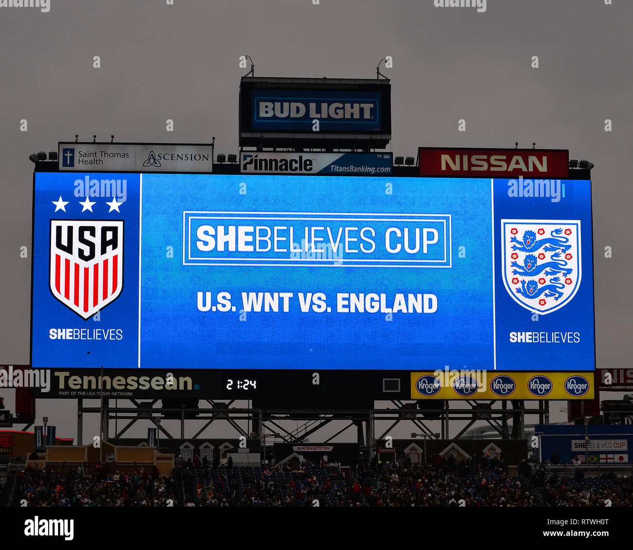 Nashville, TN, USA. 2. März, 2019. Na die Anschlagtafel bei Nissan Stadium während der internationalen Fußball-Match zwischen den USA und England, in die Sie glaubt, Schale, bei Nissan Stadion in Nashville, TN. Das Spiel endet unentschieden, 2-2. Kevin Langley/Sport Süd Media/CSM Credit: Cal Sport Media/Alamy leben Nachrichten Stockfoto