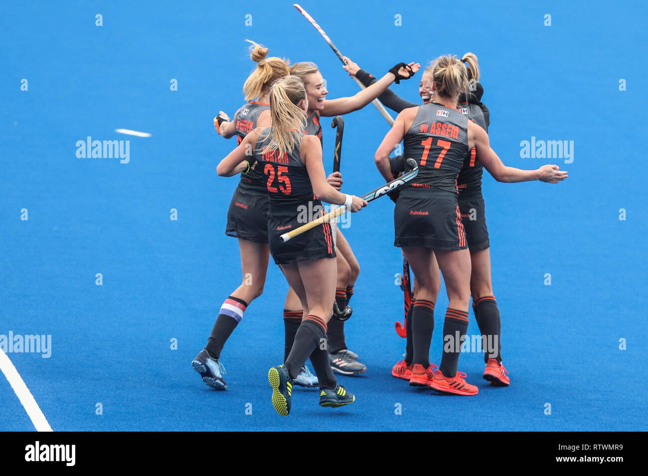 Changzhou, Provinz Jiangsu in China. 3 Mär, 2019. Spieler aus den Niederlanden Feiern während des 2019 FIH-PRO LEAGUE Frauen Liga Hockey Match gegen China in Changzhou, Provinz Jiangsu im Osten Chinas, 3. März 2019. Die Niederlande gewann 2-1. Credit: Yang Lei/Xinhua/Alamy leben Nachrichten Stockfoto