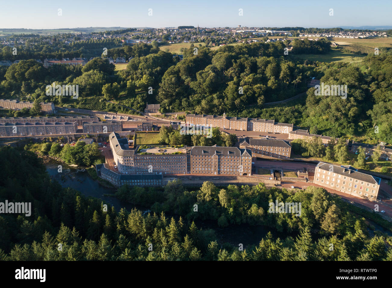 Luftbild übersicht Weltkulturerbe New Lanark in South Lanarkshire, Schottland. Stockfoto