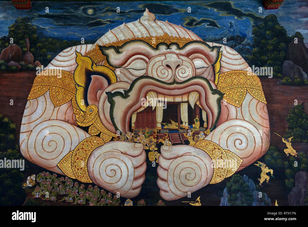 Hanuman schützt Ramas Pavillon, Ramakia Wandmalerei, Wat Phra Kaeo, alten königlichen Palast, Tempel des Smaragd-Buddha, Bangkok Stockfoto