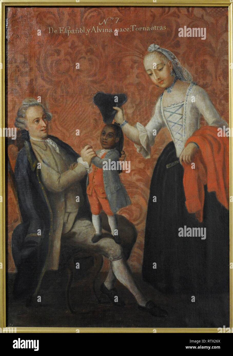 Título: castas; de Español y Alvina, nace Torna atras. Autor: Andrés de Islas (Siglo XVIII). Pintura sobre lienzo. Grado de mestizaje entre Indígenas europeos y Africanos. Género 'pintura de Castas". Virreinato de la Nueva España. Escuela Mexicana. México. 1774. Museo de América. Madrid. España. Stockfoto