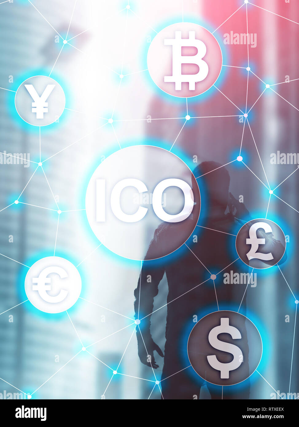 ICO - die erste Münze, und Blockchain cryptocurrency Konzept auf unscharfen Geschäft Gebäude Hintergrund. Abstrakte Cover Design vertikalen Format. Stockfoto