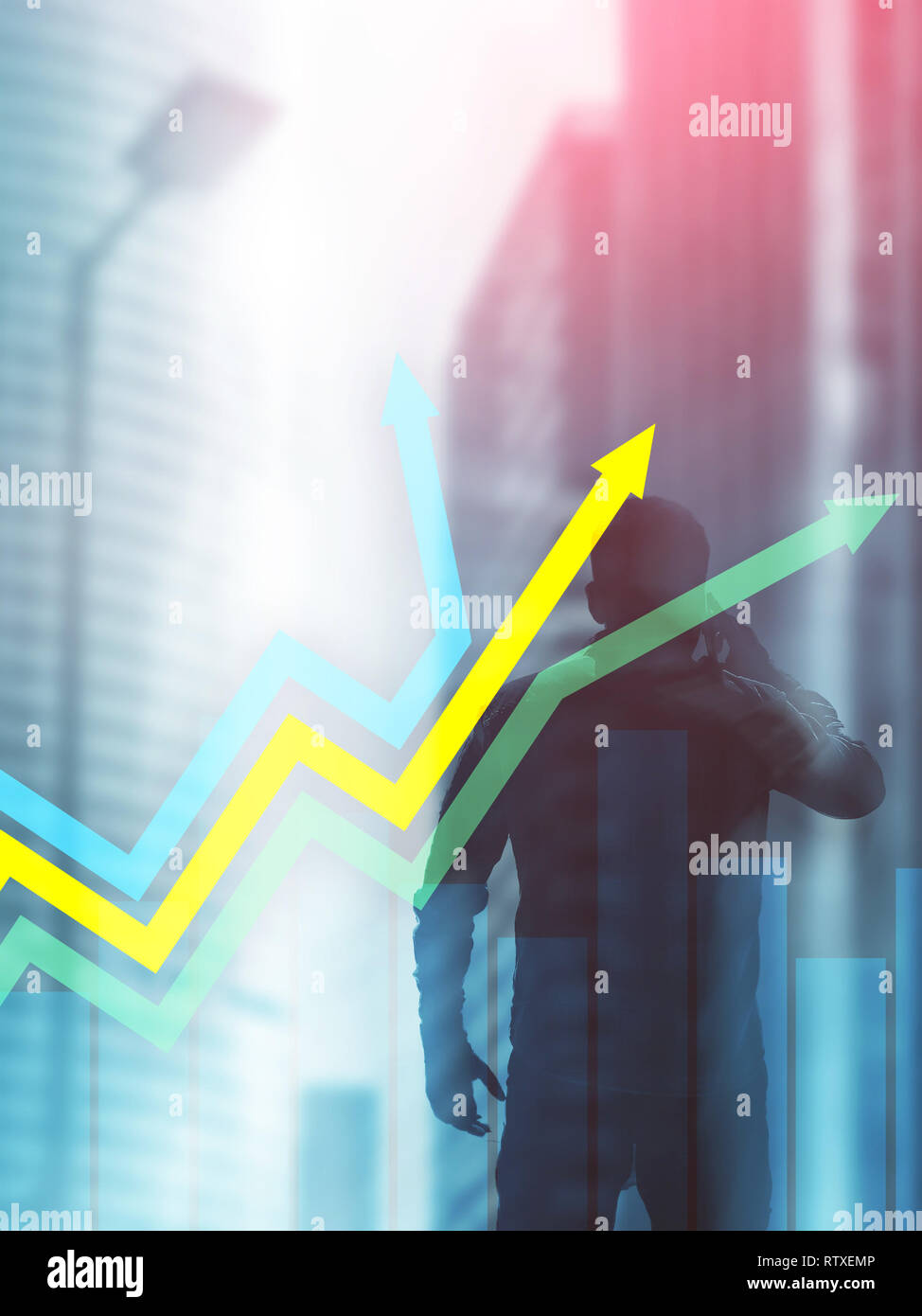 Finanzielle Wachstum Pfeile graph. Investitionen und Handel Konzept. Abstrakte Cover Design vertikalen Format. Stockfoto