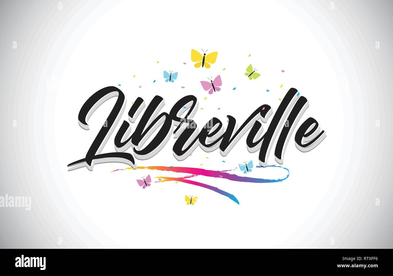 Libreville handschriftliche Wort Text mit Schmetterlingen und bunten Swoosh Vector Illustration Design. Stock Vektor