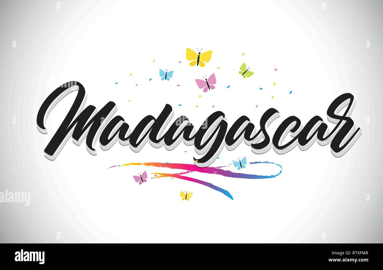 Madagaskar handschriftliche Wort Text mit Schmetterlingen und bunten Swoosh Vector Illustration Design. Stock Vektor