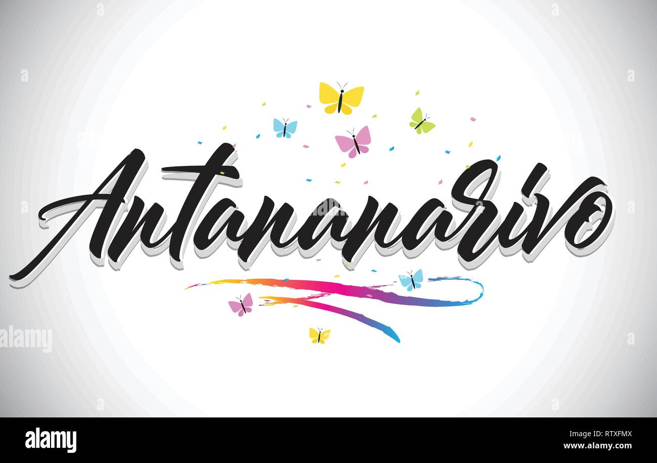 Antananarivo handschriftliche Wort Text mit Schmetterlingen und bunten Swoosh Vector Illustration Design. Stock Vektor