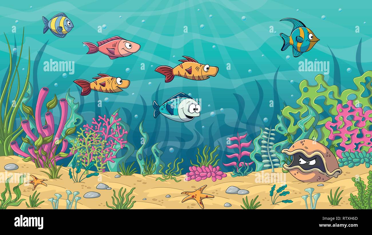 Unterwasser cartoon Landschaft mit Fischen und Pflanzen Stock Vektor
