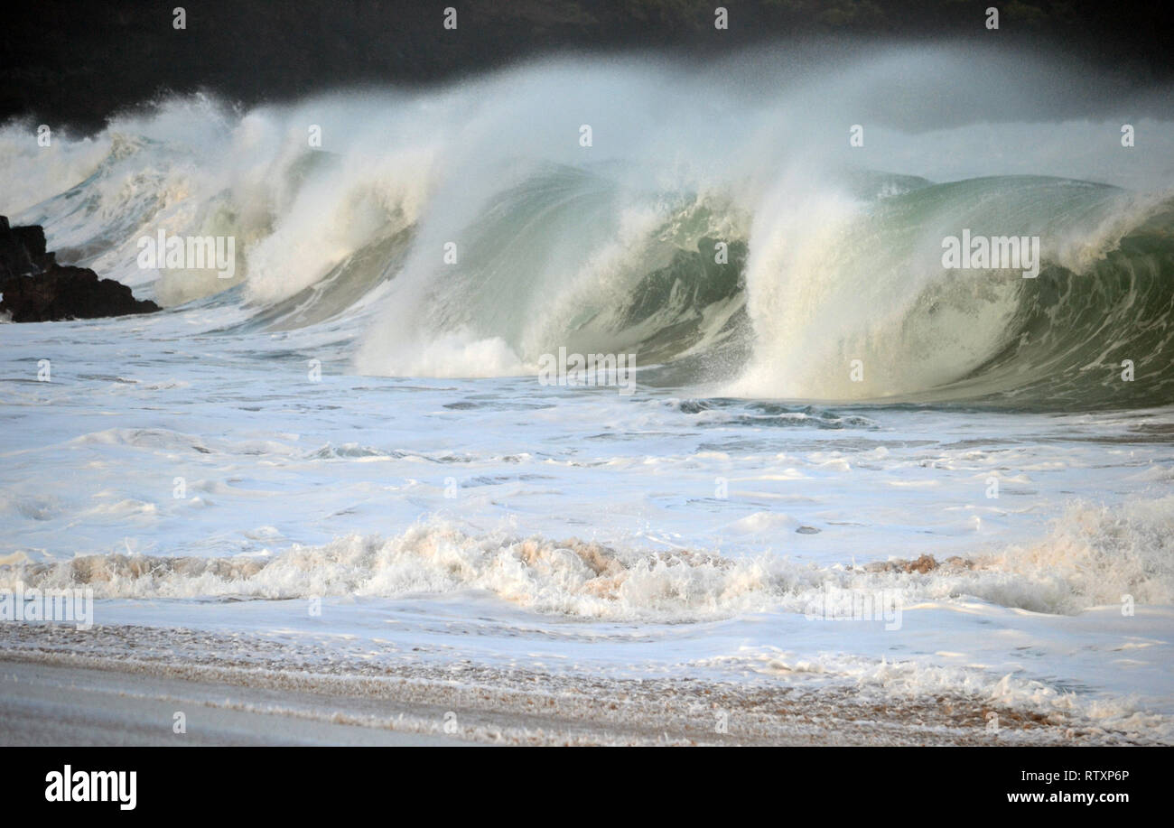 Riesige Wellen Wellen an der Küste im Winter, Waimea Bay, North Shore von Oahu, Hawaii, USA Stockfoto