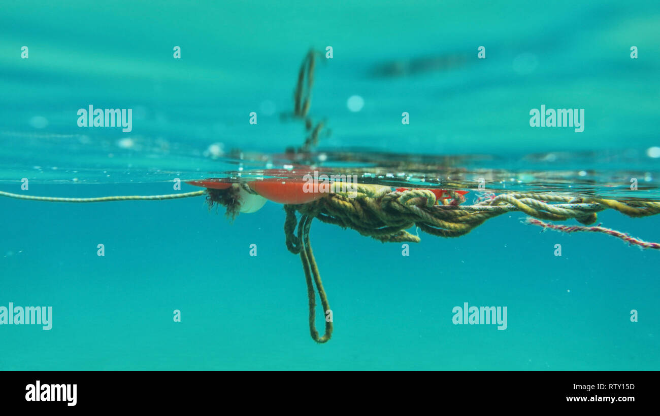 Unterwasser Foto - rote Boje und verschlungenen Seile in der Nähe der Meeresoberfläche. Abstrakte marine Hintergrund. Stockfoto