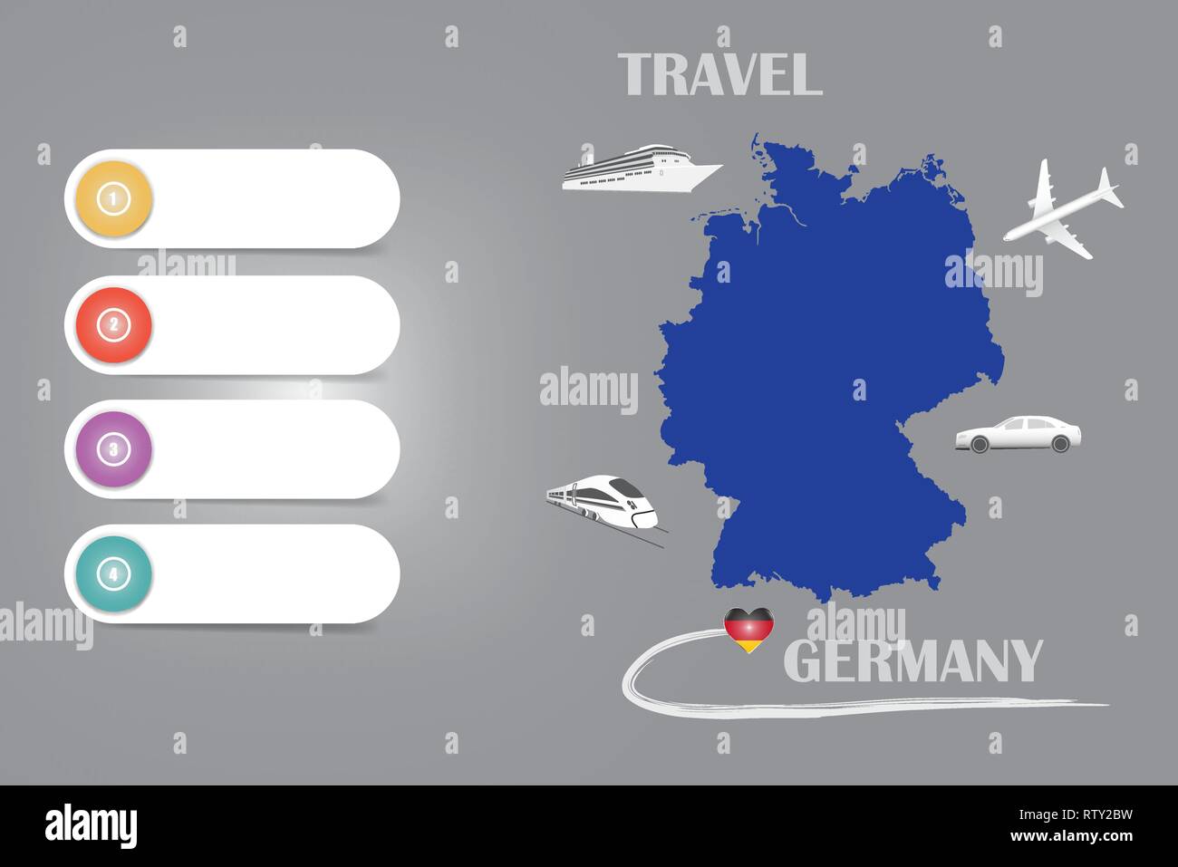 Reisen Deutschland Vorlage Vektor für Reisebüros etc. Vector mit dem Flugzeug, Auto, Bahn und Schiff nähert sich der blinde Karte von Deutschland. Vier leere Stock Vektor