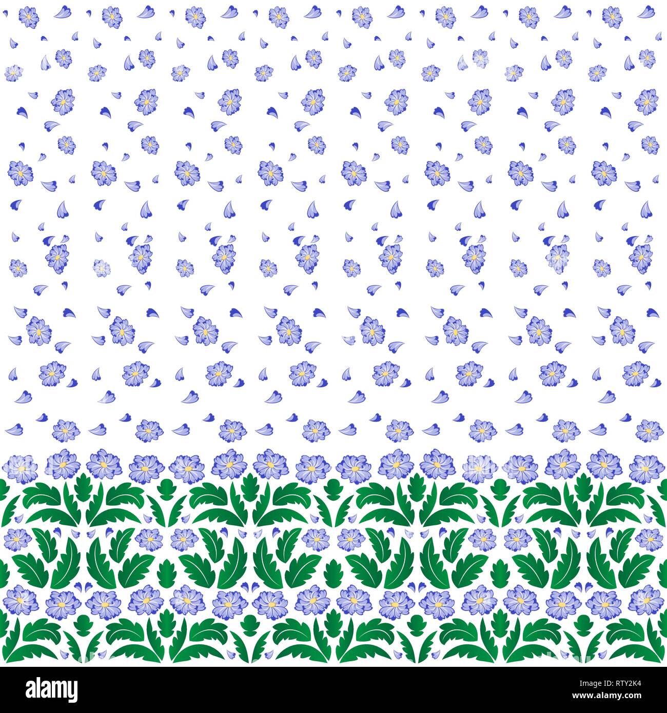 Vektor abstrakt floral background. Nahtlose Muster mit einer Grenze von leuchtenden Blumen und zarten blauen Blütenblätter. Stock Vektor