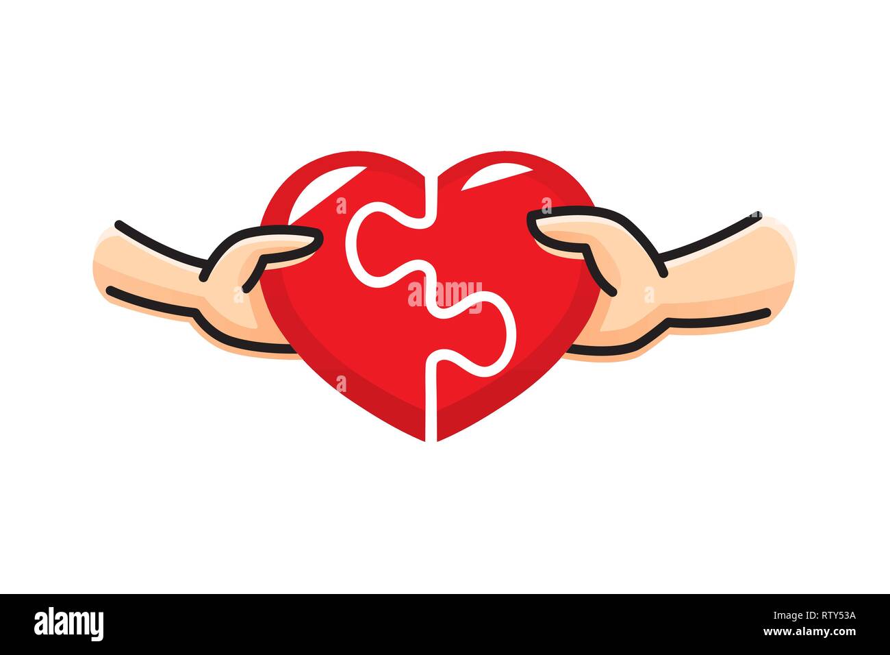 Mann und Frau die rote Herz Puzzle zusammen. Liebe und Partnerschaft. Konzept der Valentinstag. Herzen von zwei Teile eines Puzzles. Vektor illustrati Stock Vektor