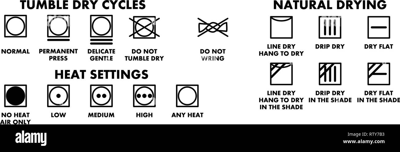 Waschen Symbole, Symbole für das Trocknen. Stock Vektor