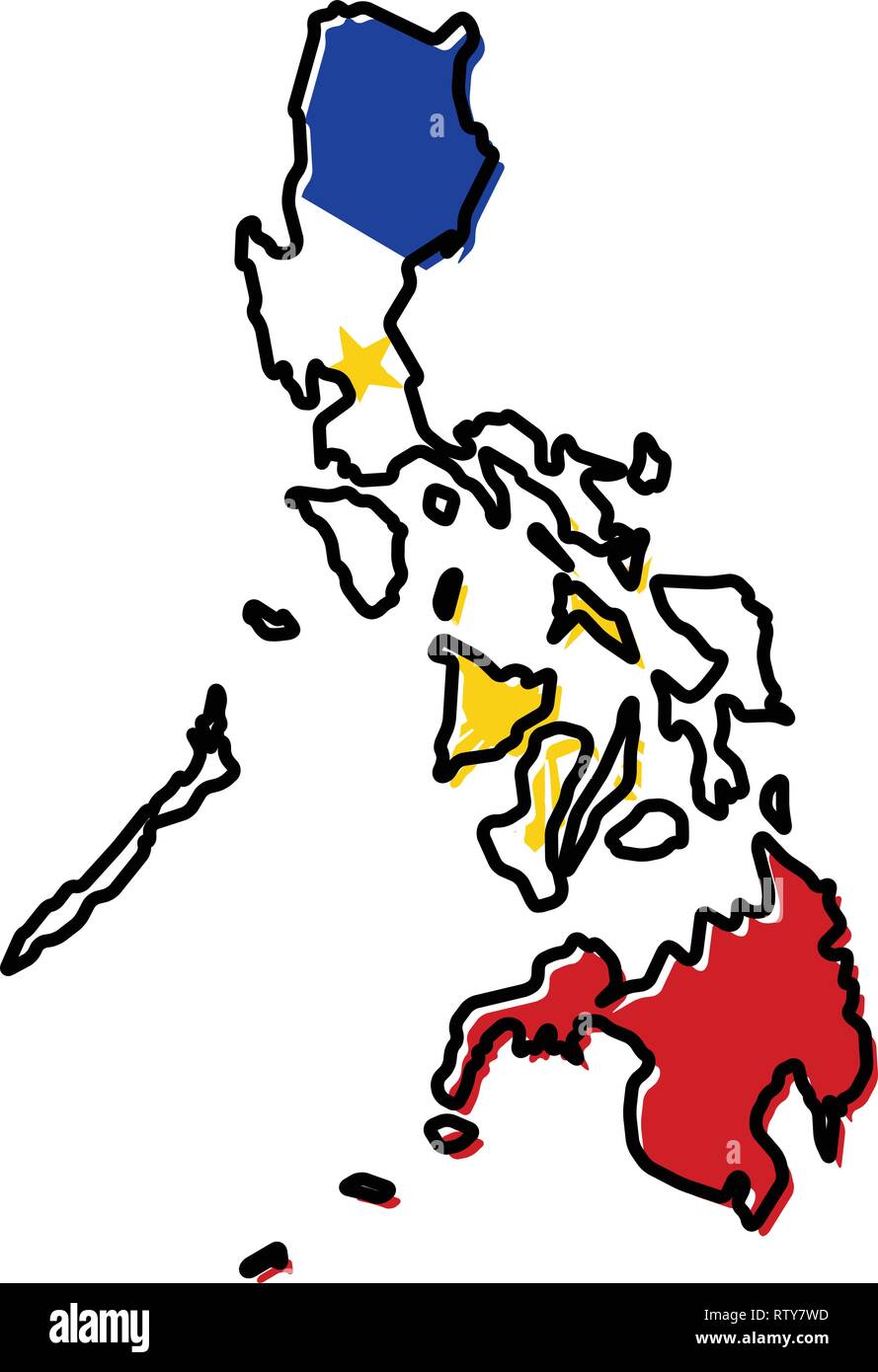 Karte von Philippinen Umrisse vereinfacht, mit leicht gebeugten Flagge unter. Stock Vektor
