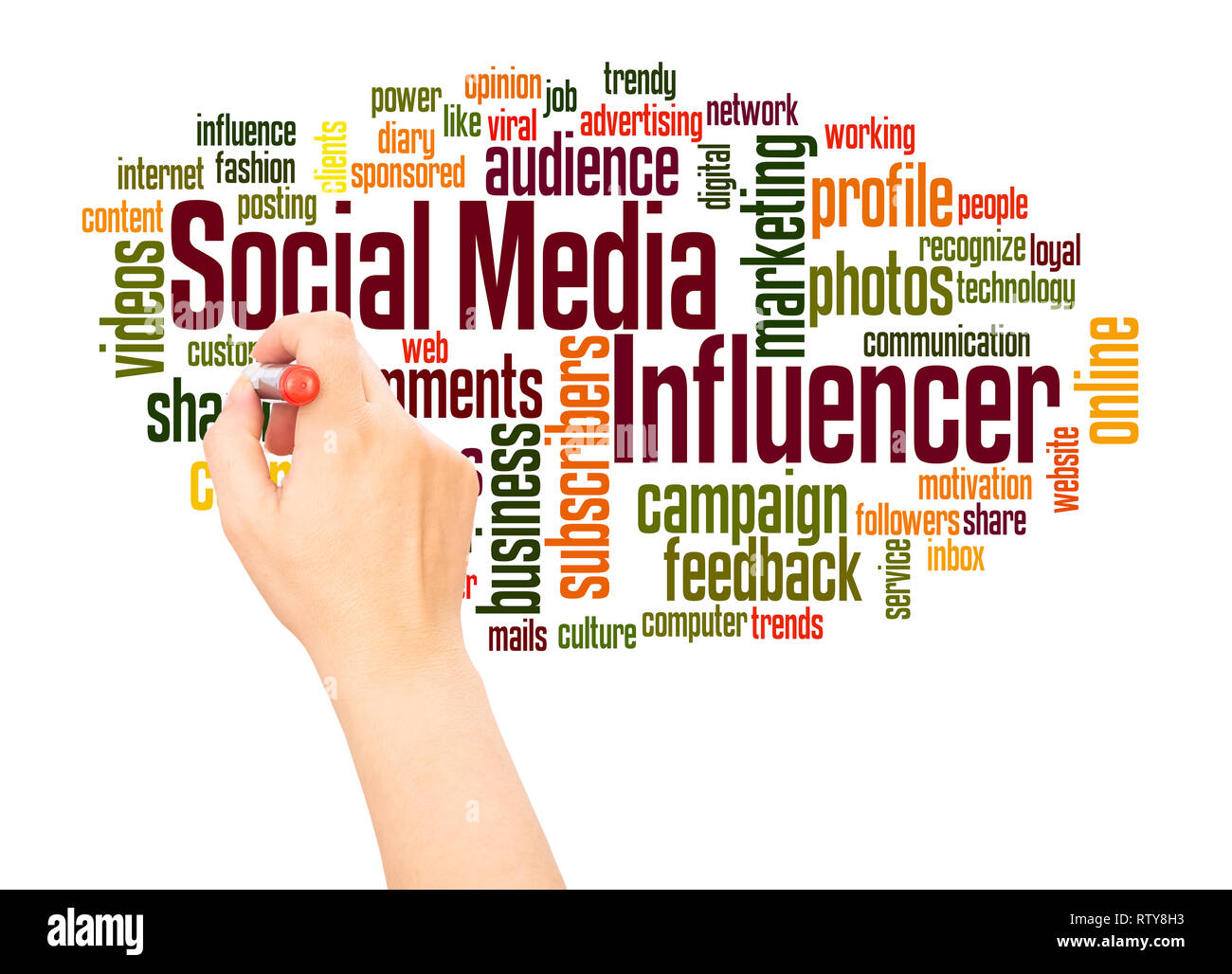 Social media Einflussnehmer Wort cloud hand Konzept Schrift auf weißen Hintergrund. Stockfoto Social media Einflussnehmer Wort cloud hand Konzept Schrift auf weißen Hintergrund. Stockfoto
