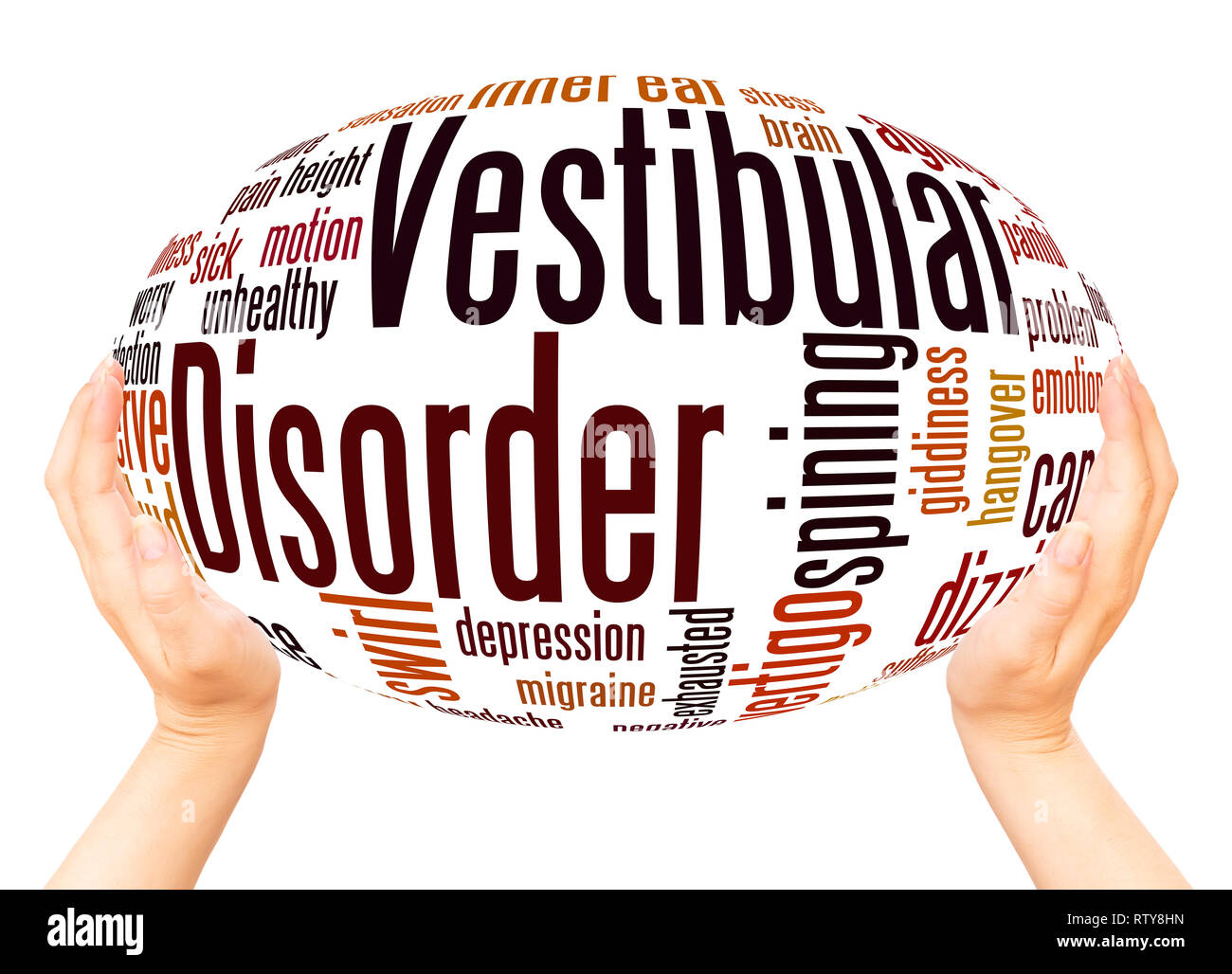 Vestibulären Störung Wort Cloud Hand Kugel Konzept auf weißem Hintergrund. Stockfoto