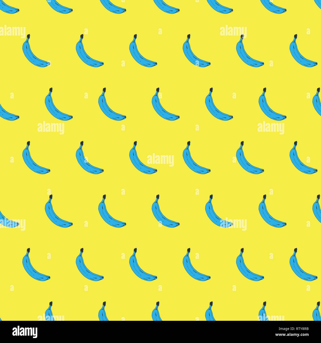 Nahtlose pop art Banane Muster blau zufällig auf gelben Hintergrund verteilt. Vector Illustration. Stock Vektor