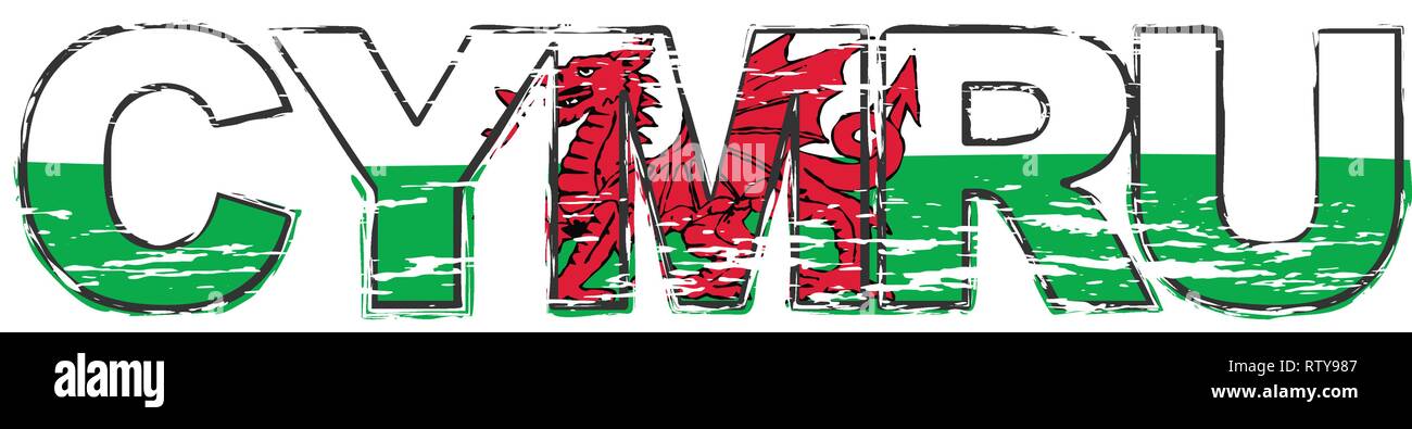 Wort Cymru (Walisisch Übersetzung von Wales) mit National Flagge unter ihm, distressed Grunge-look. Stock Vektor