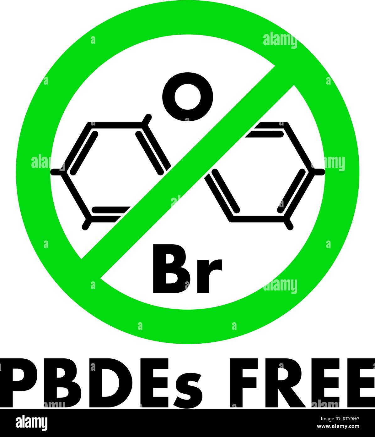 PBDEs Free Icon. Polybromierte Diphenylether chemische Molekül und Buchstaben Br und O (chemische Symbole für Brom und Sauerstoff) in Grün gekreuzt Circ. Stock Vektor