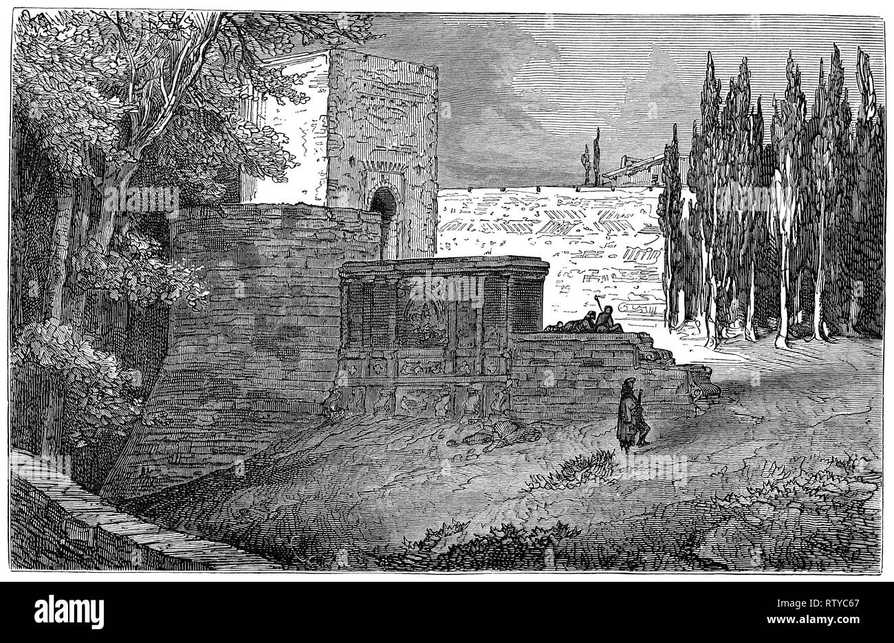 1880 vintage Gravur eines der Tore der Alhambra in Andalusien in Spanien. Stockfoto