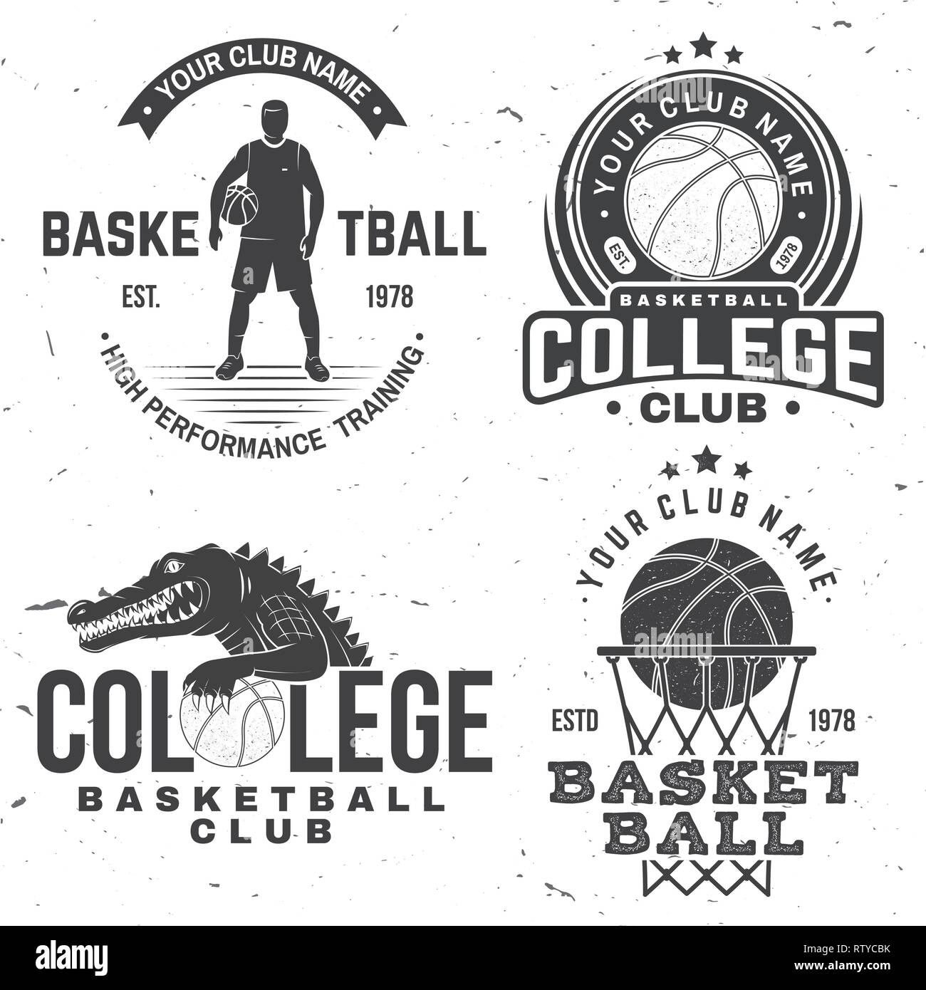 Satz von Basketball College Club Abzeichen. Vector Illustration. Konzept für T-Shirt, Druck, Stempel oder T-Stück. Vintage Typografie Design mit Krokodil, Basketballkorb und Basketball Ball Silhouette. Stock Vektor