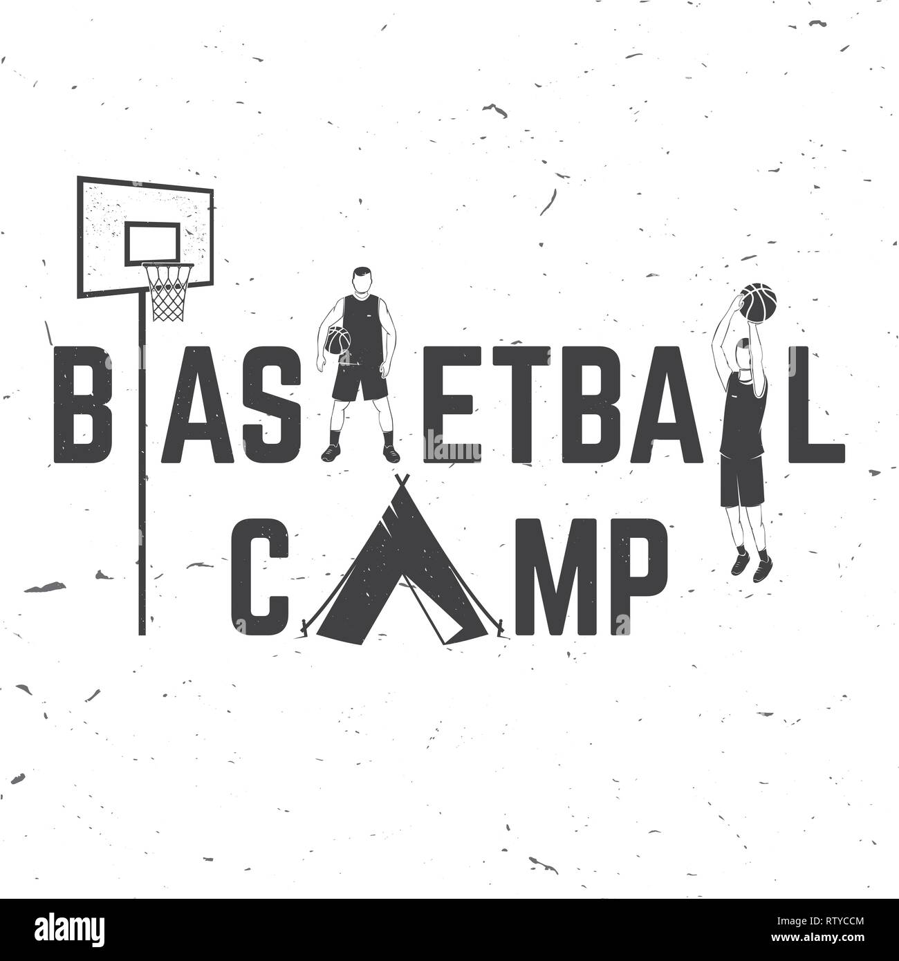 Basketball Camp Abzeichen. Vektor. Konzept für T-Shirt, Druck, Stempel oder T-Stück. Vintage Typografie Design mit Zelt, Basketballspieler, Kugel, hoop Silhouette Stock Vektor